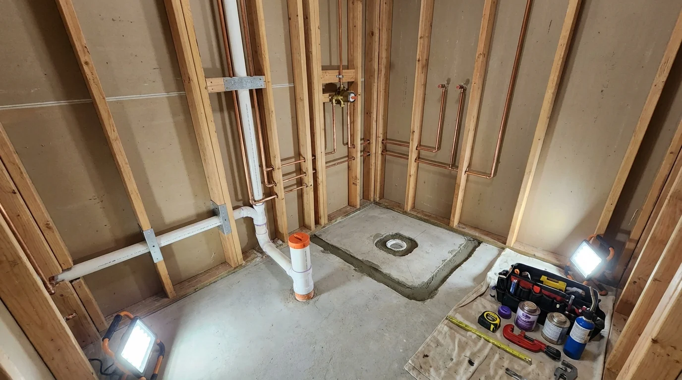 Bathroom rough-in plumbing during remodel by Johns Plumbing LLC in Willow Creek