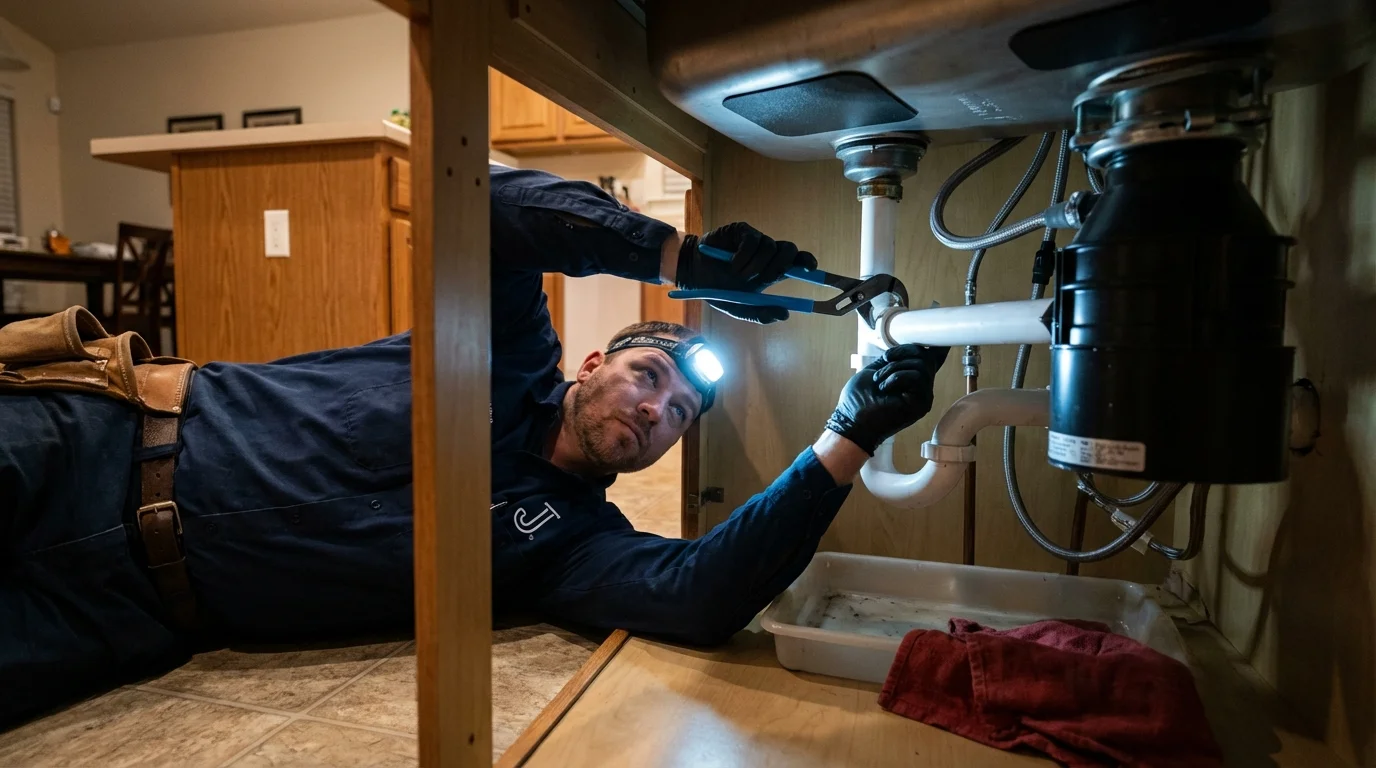 P-trap and supply line connections under a kitchen sink showing a common leak point in Willow Creek, CA